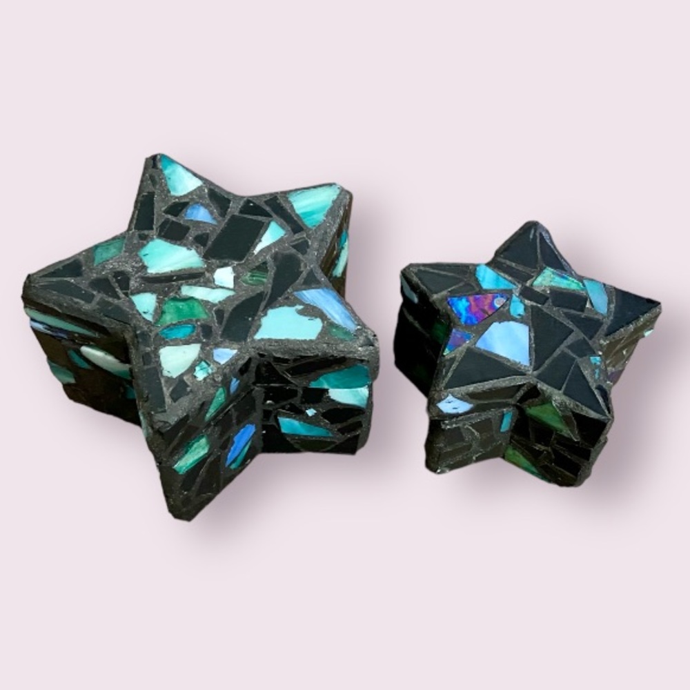 Glass Mixed Media Mosaic Star Keepsake Boxes, Jewelry Boxes - Set of 2
